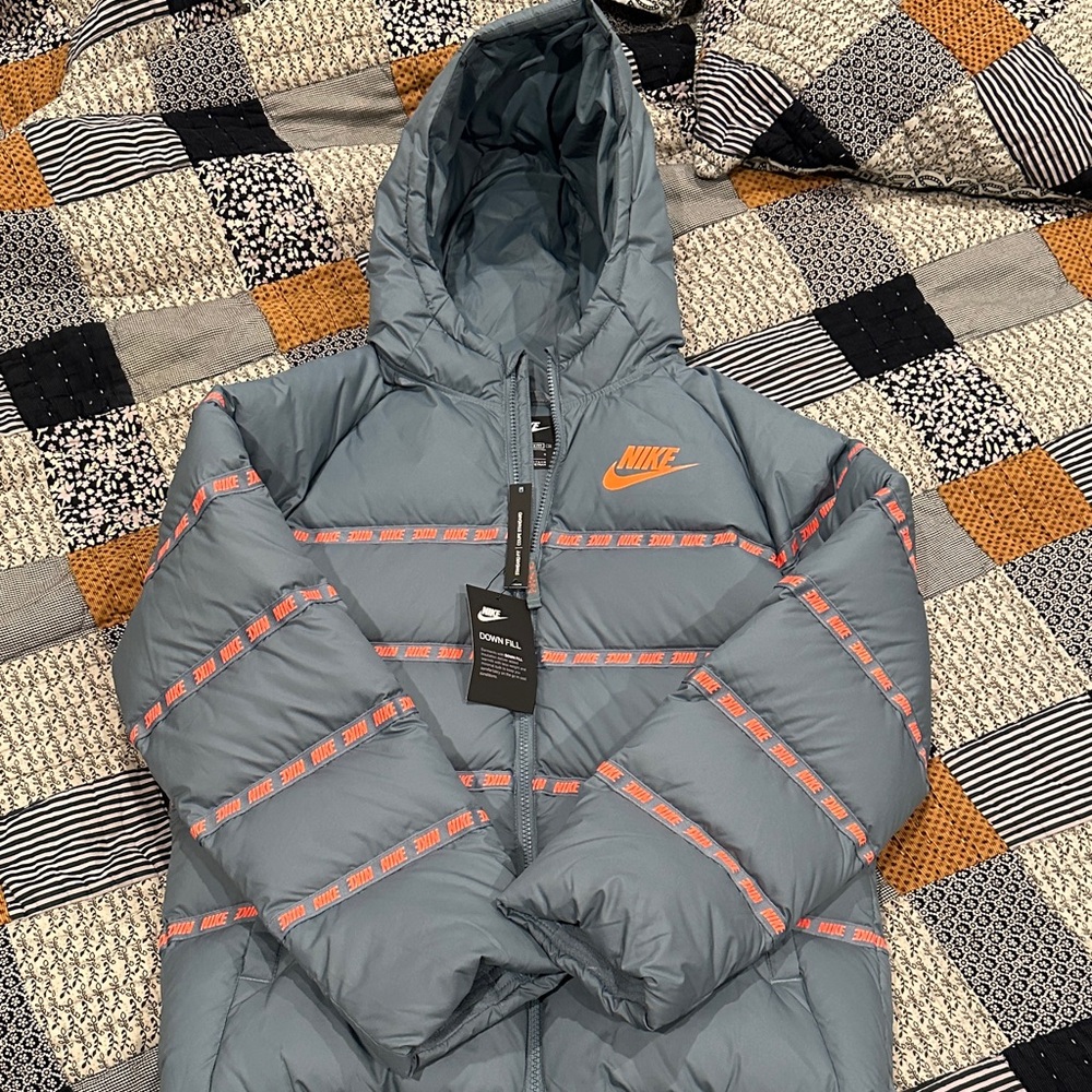 Nike Bous Gray Down Jacket with Orange Highlights